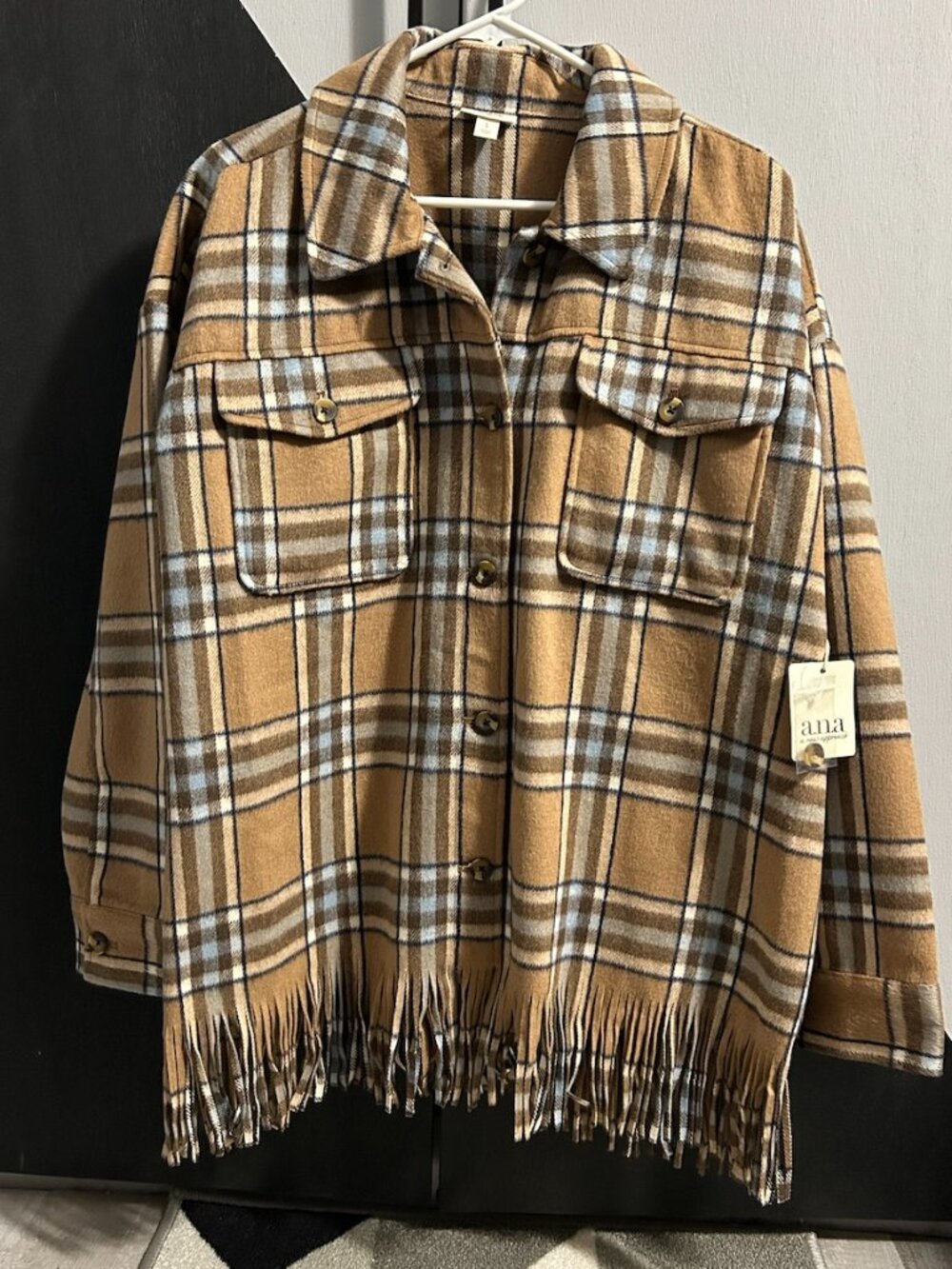 NWT A.N.A (A New Approach) Tan and Light Blue Plaid Fringe Hem Shacket Women's L